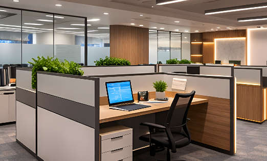 Modular cubicle workstations with integrated storage, laptop and planter tops — Ezeefit corporate fit-out