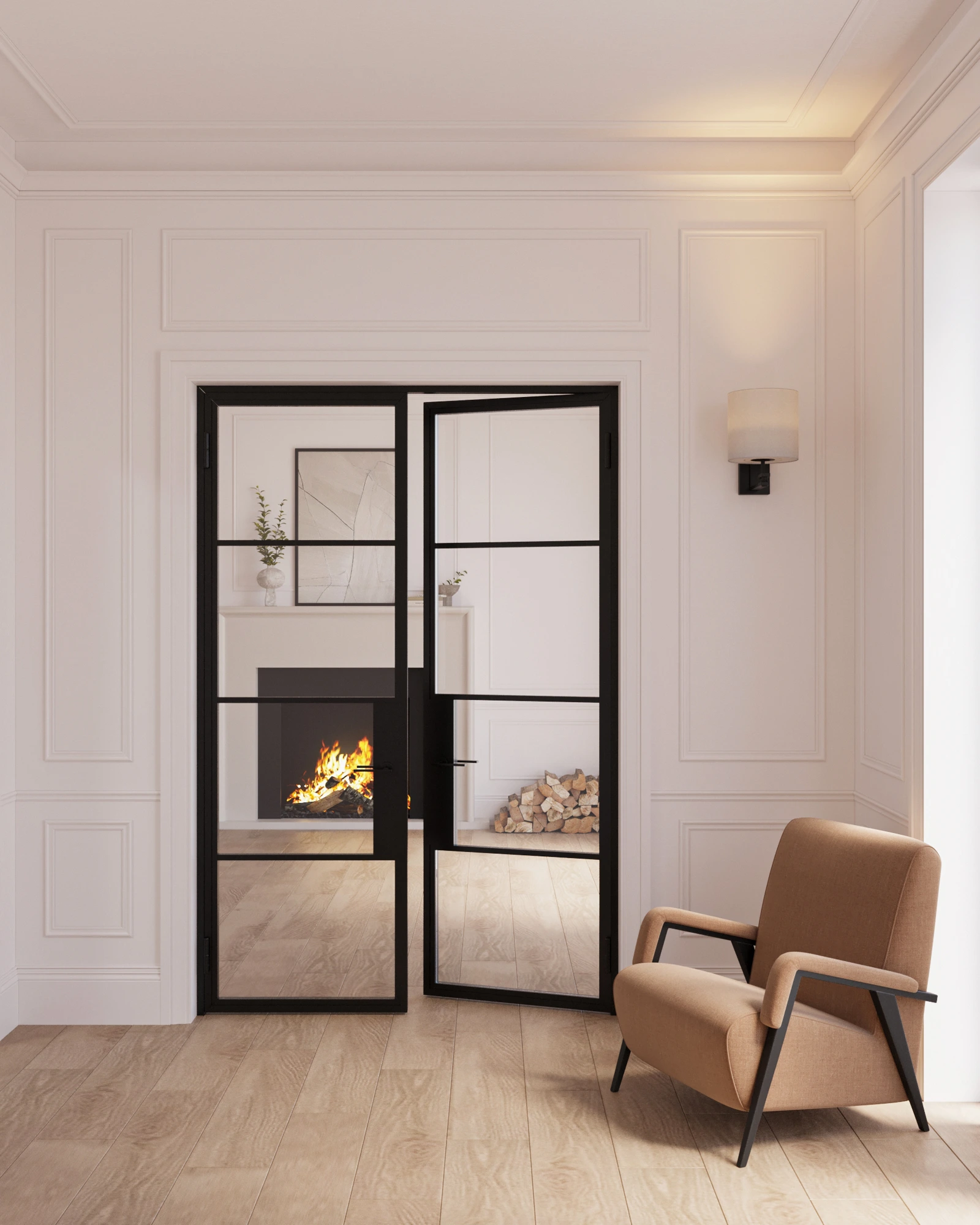 Bespoke Eurosteel double doors framing a lit fireplace