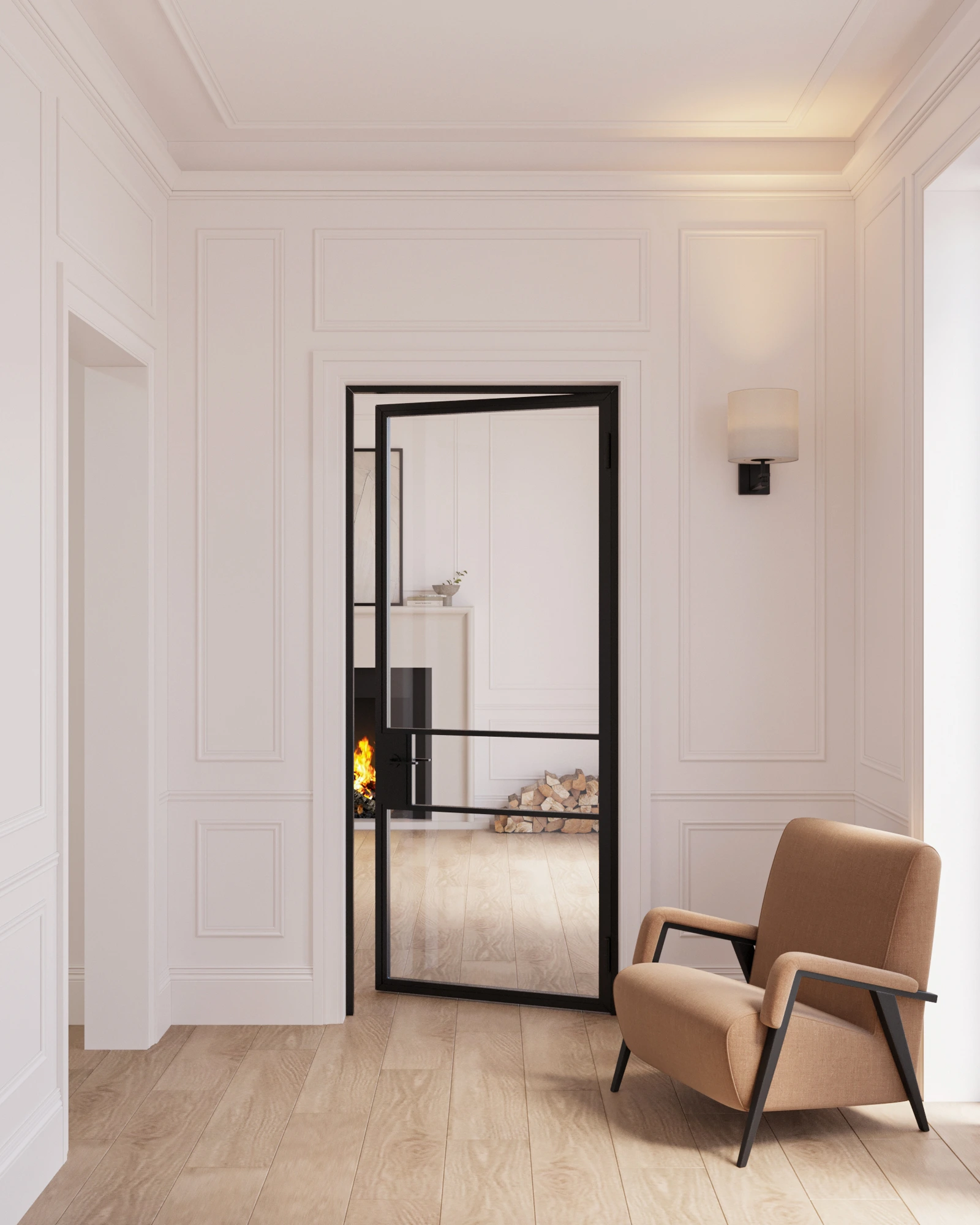 Double steel doors with reeded glass detail