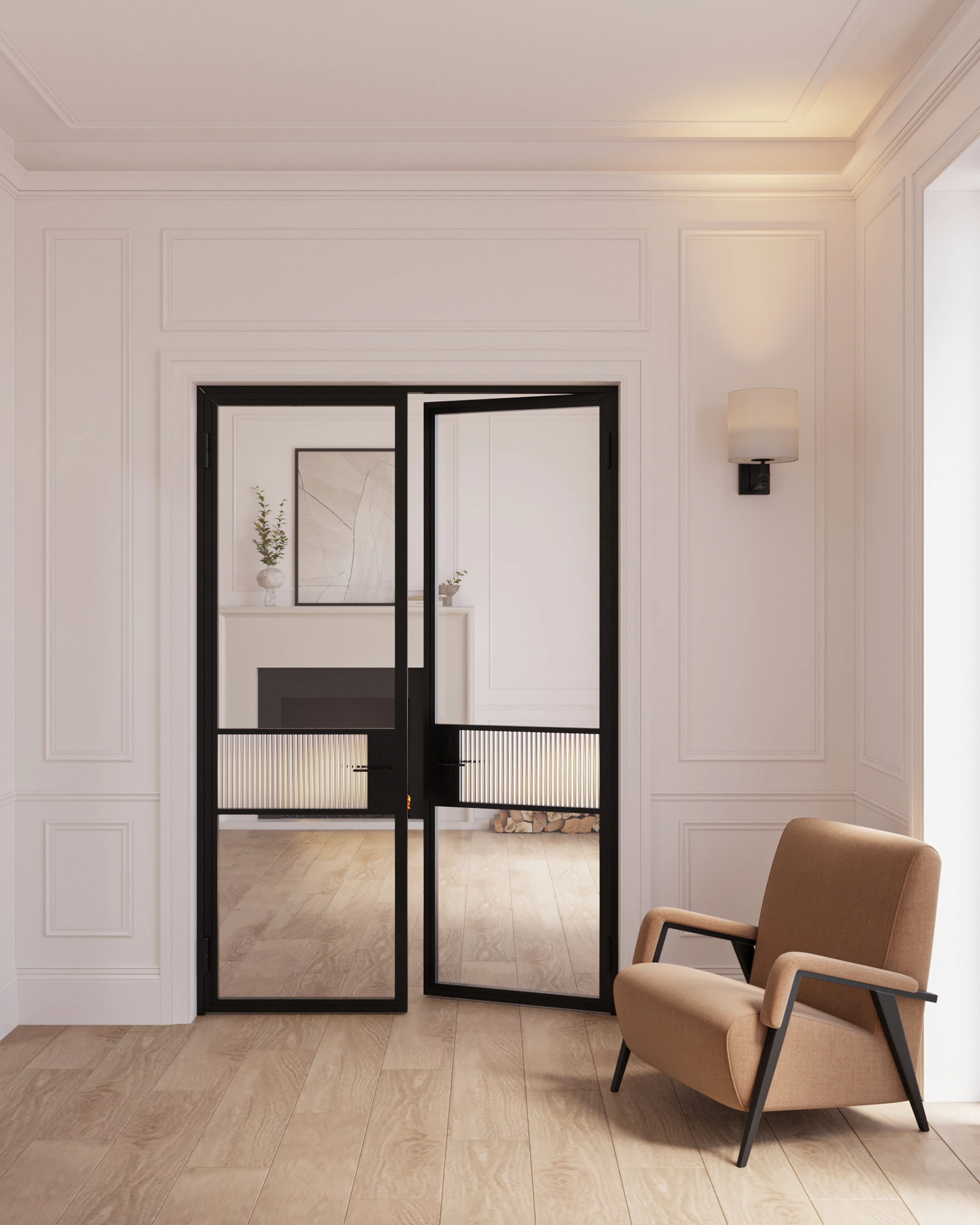 Slim-profile single steel door with fireplace room beyond