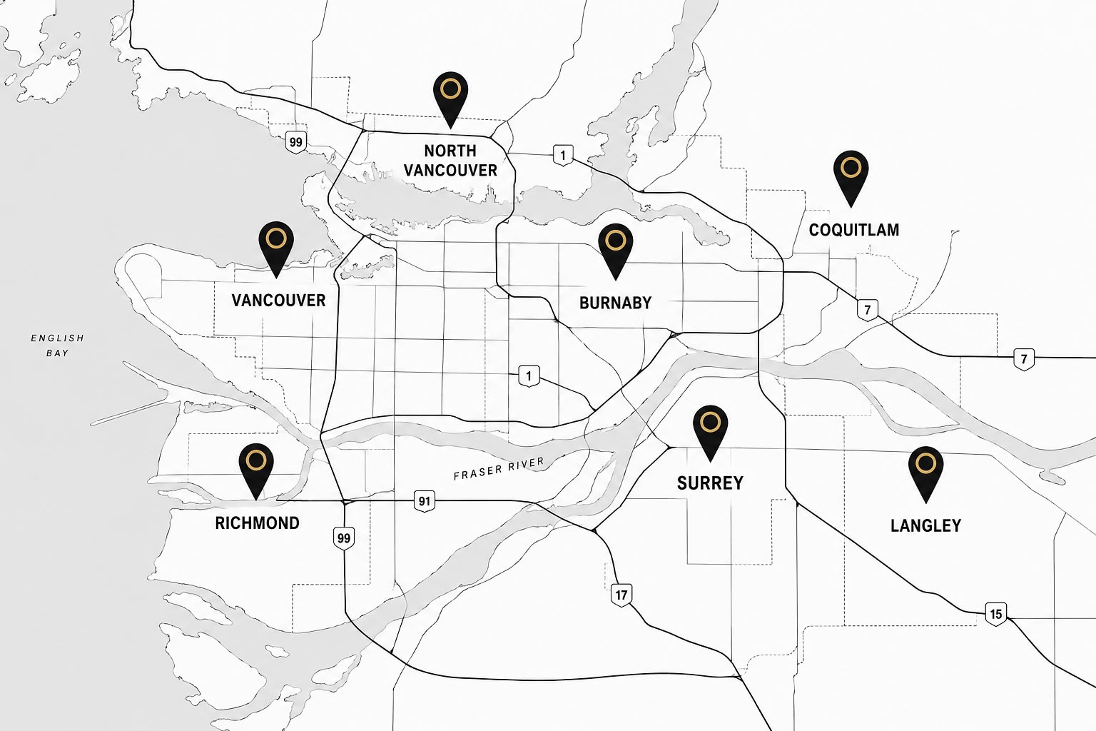 Map of CannaHaus same-day cannabis delivery zones across Metro Vancouver — Vancouver, North Vancouver, Burnaby, Coquitlam, Richmond, Surrey and Langley