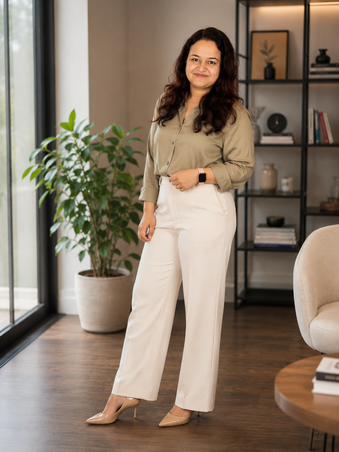 Suchi, founder of WorkingMom.ai, in a beige blazer — follow her journey