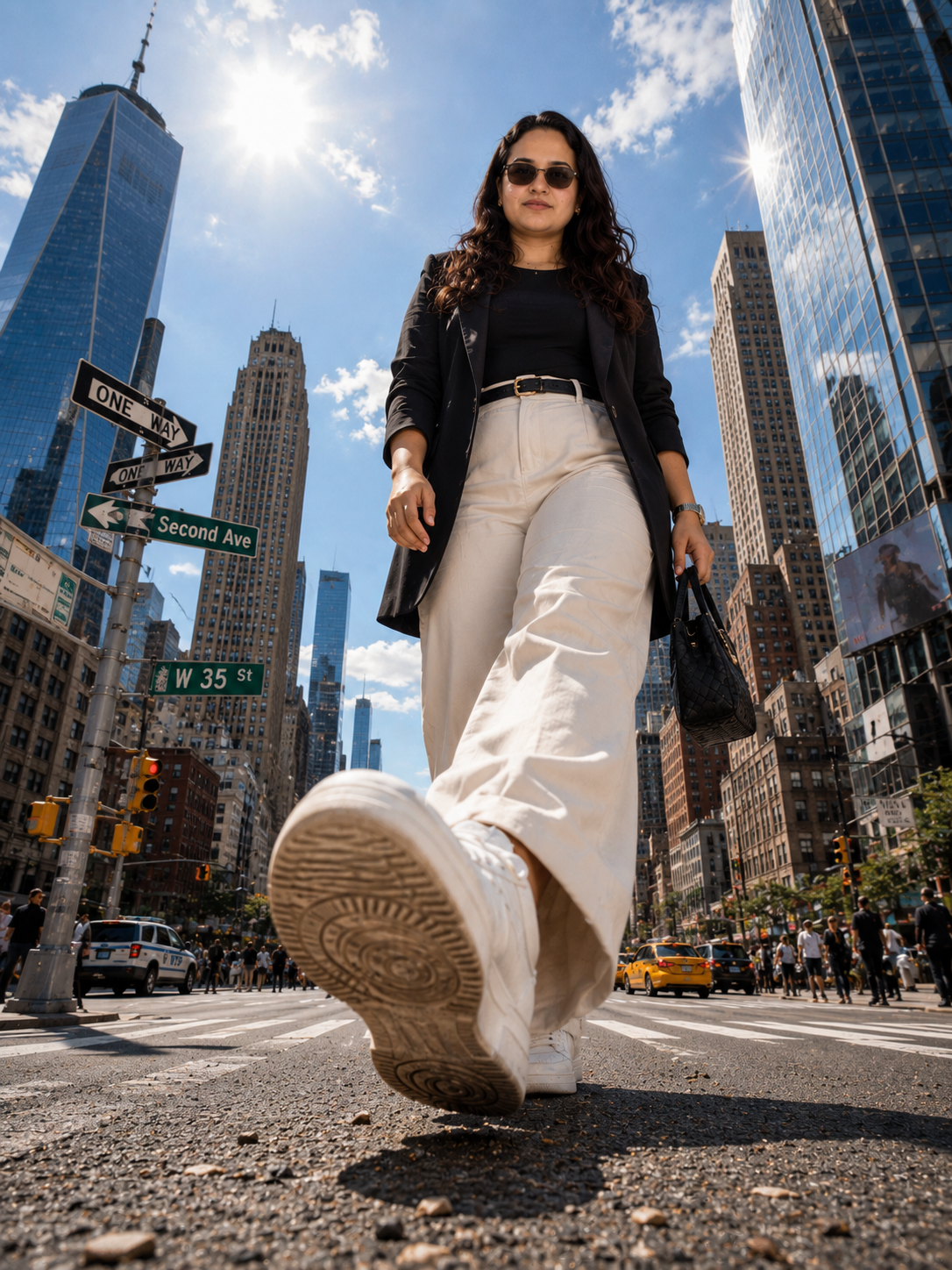 Suchi, founder of WorkingMom.ai, walking confidently through a city crosswalk