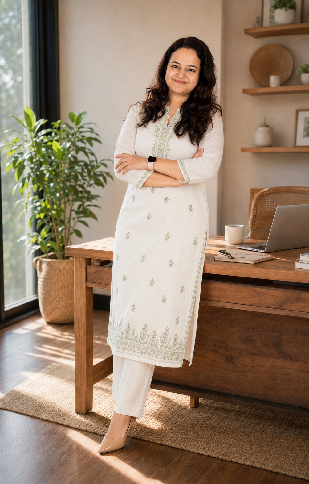 Suchi, founder of WorkingMom.ai, standing in a bright home office in a white kurta