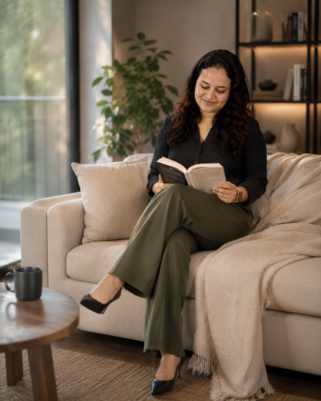 Working mother reading on a sofa in a bright living room