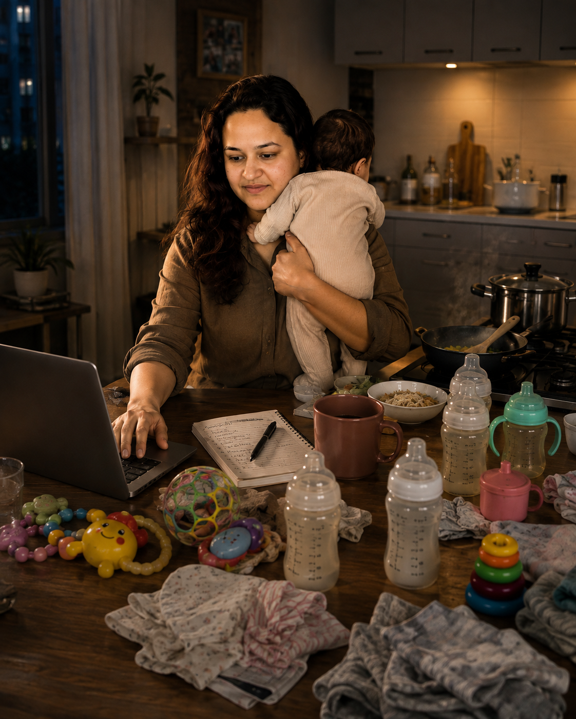 Mother working on her laptop while holding her baby in a home kitchen