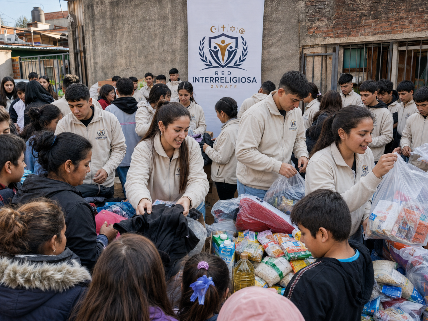 Voluntarios de la Red entregando alimentos y ropa en un barrio de Zárate