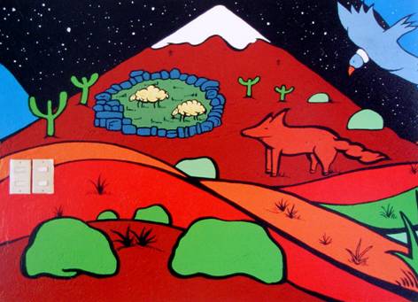 «Los músicos y las pastoras»: la facciata panoramica del murale — musicisti e pastore aymara entrano nel paesaggio del villaggio.