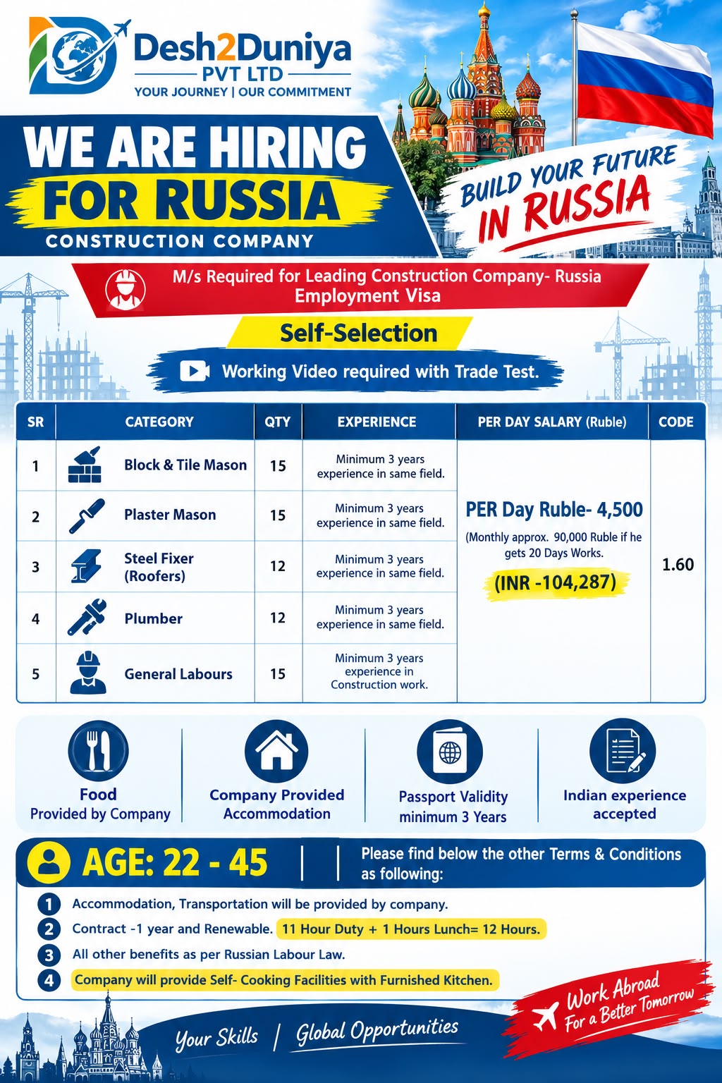 Job opportunity in Russia — Construction — Mason, Steel Fixer, Plumber