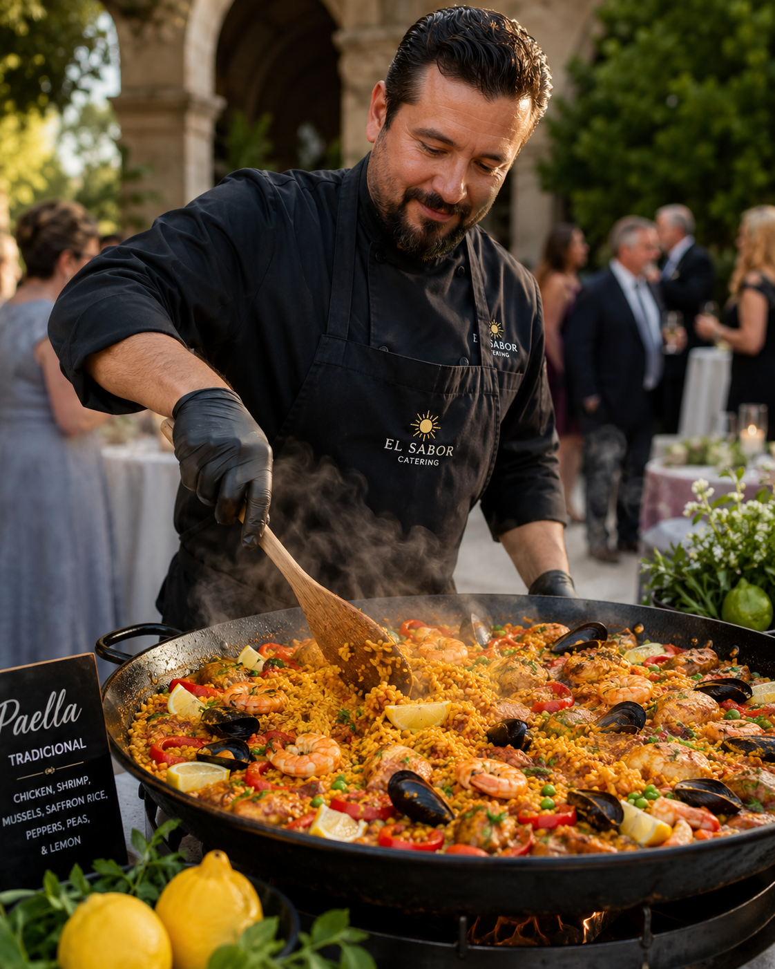 Service de la paella géante aux fruits de mer lors d'une réception