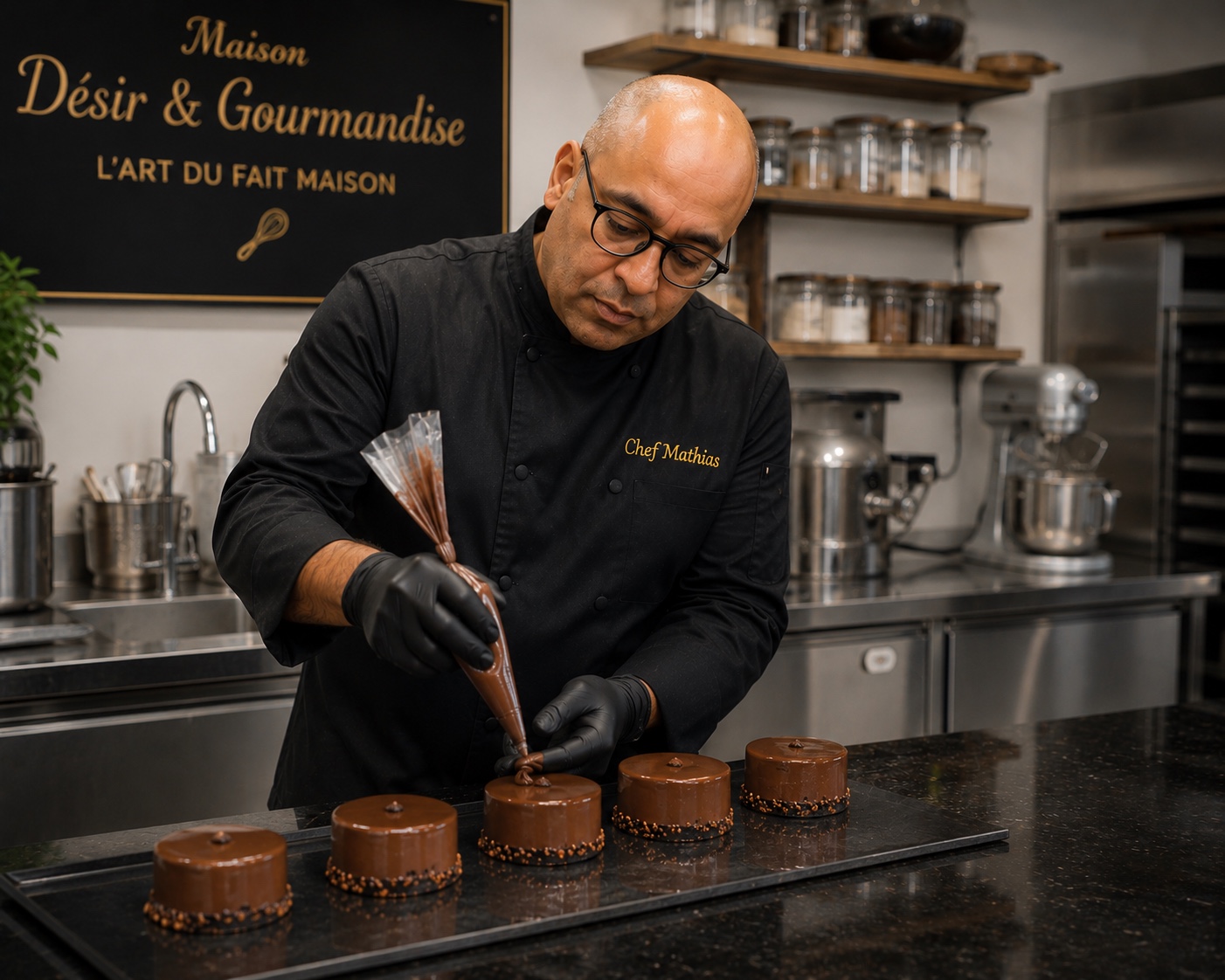Le Chef Mathias dressant des mignardises au chocolat dans l'atelier Maison Désir & Gourmandise