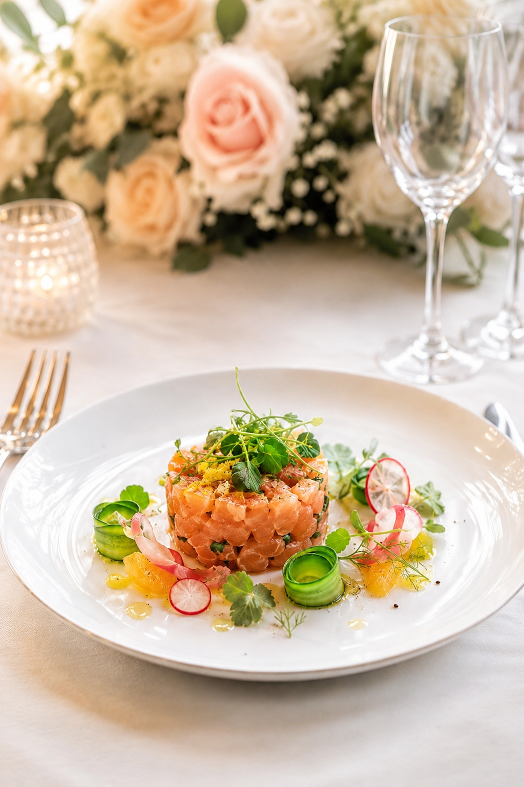 Pièce cocktail dressée : tartare de saumon, concombre et agrumes