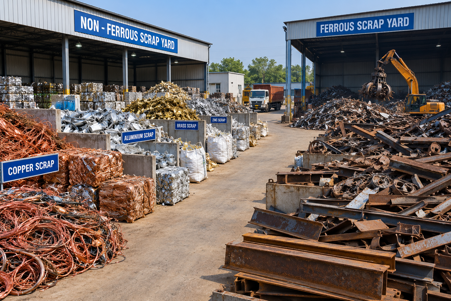Dhatu Global Recycling scrap yard — segregated non-ferrous and ferrous scrap sections