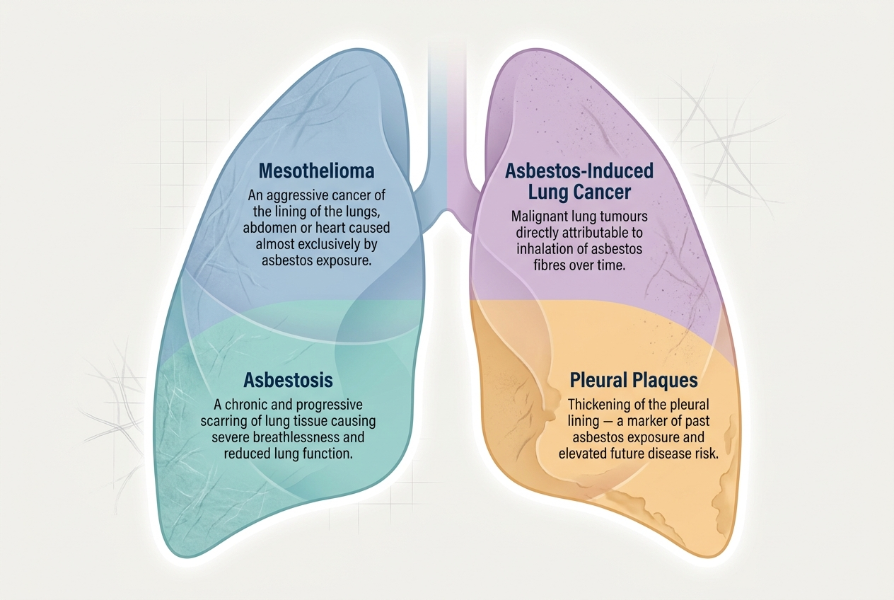 Illustrated human lungs labelled with the four primary asbestos-related diseases — Mesothelioma, Asbestos-Induced Lung Cancer, Asbestosis and Pleural Plaques — with concise clinical descriptions of each condition.