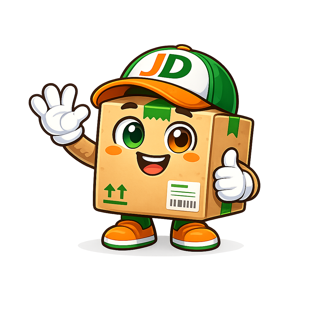Jaydee, JustDeliver's friendly delivery mascot, waving hello