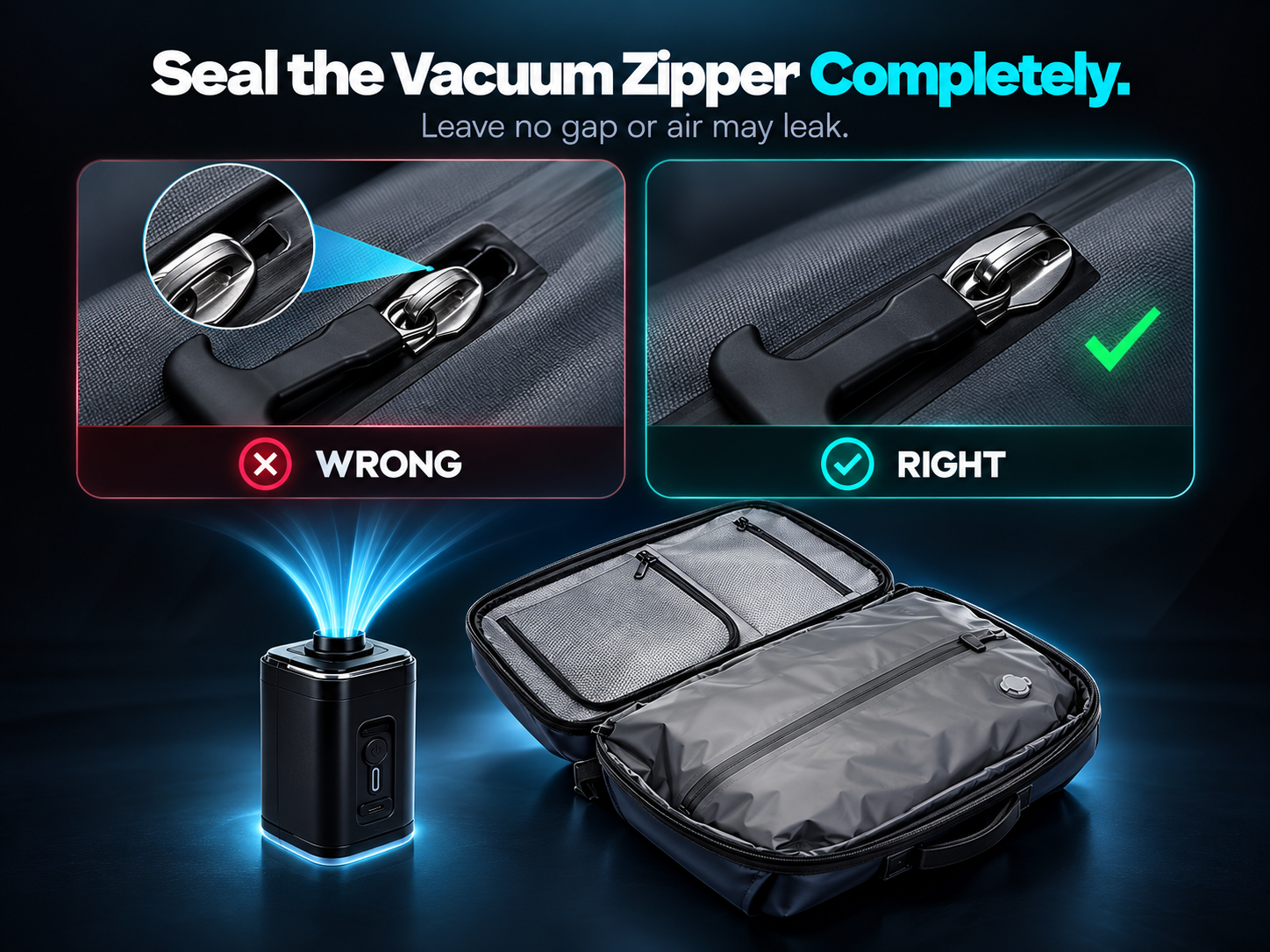Seal the vacuum zipper completely — wrong vs right