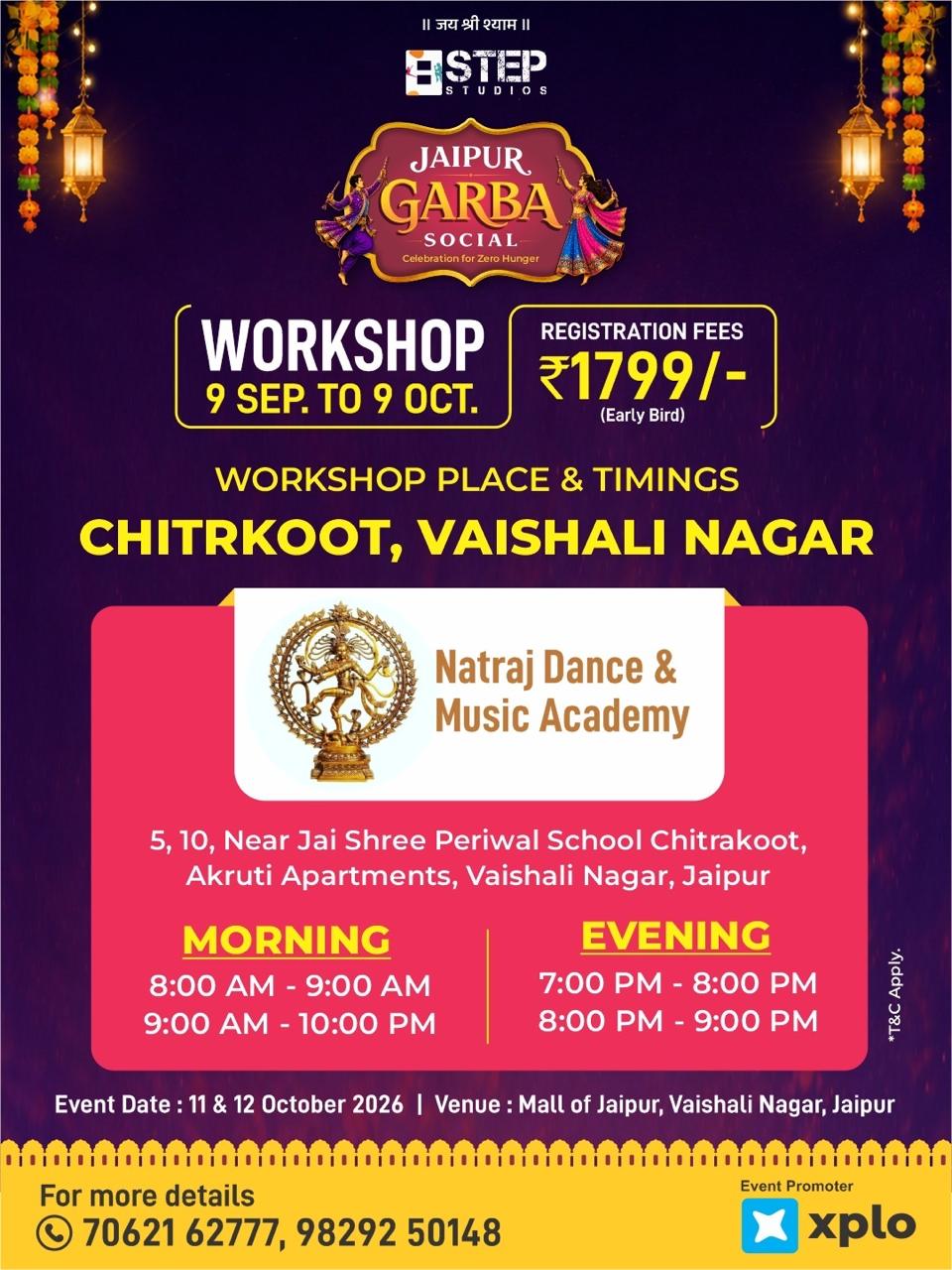 Workshop location poster — Chitrkoot, Vaishali Nagar · Natraj Dance & Music Academy