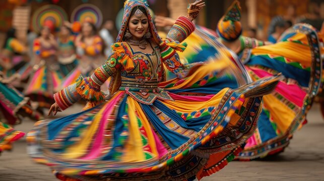 Dancer twirling in a vibrant multicoloured chaniya choli