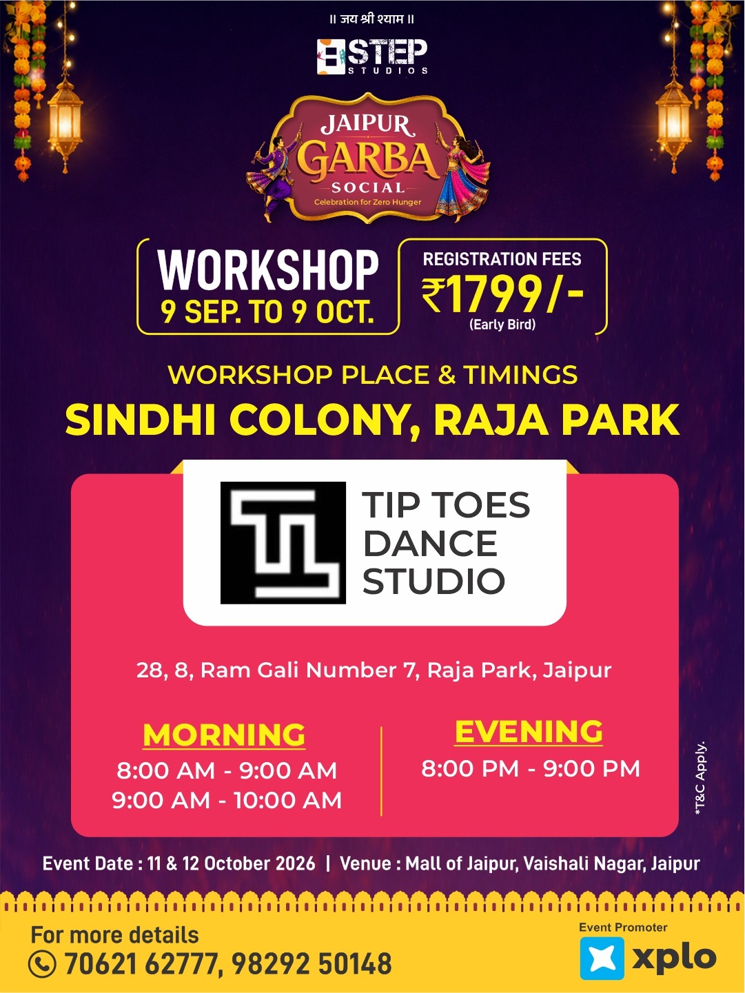 Workshop location poster — Sindhi Colony, Raja Park · Tip Toes Dance Studio
