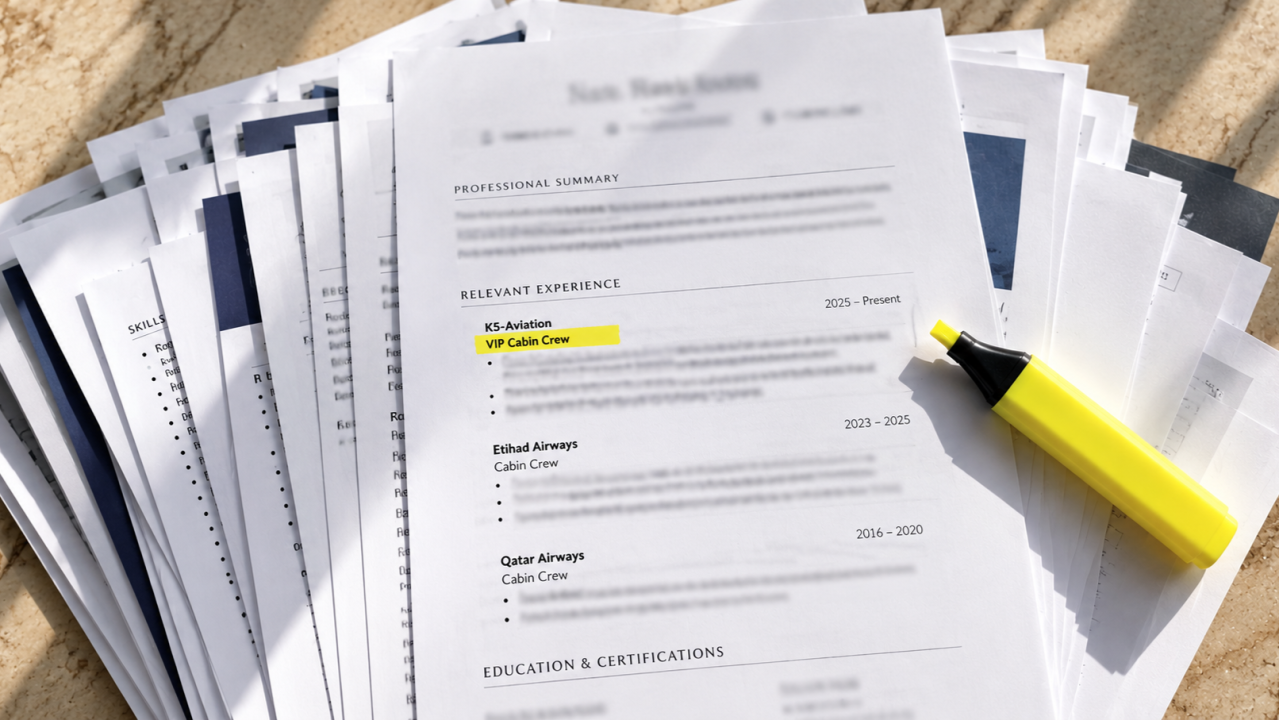 A pile of cabin crew CVs with a yellow highlighter marking "VIP Cabin Crew" on the top one.