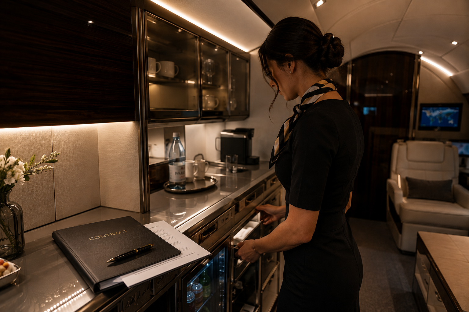 VIP flight attendant in the galley of a private jet, contract and pen resting on the counter.
