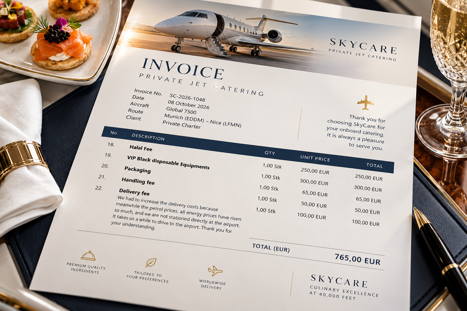 A private jet catering invoice listing a halal fee, VIP black disposable equipment, packaging, handling and delivery fees.
