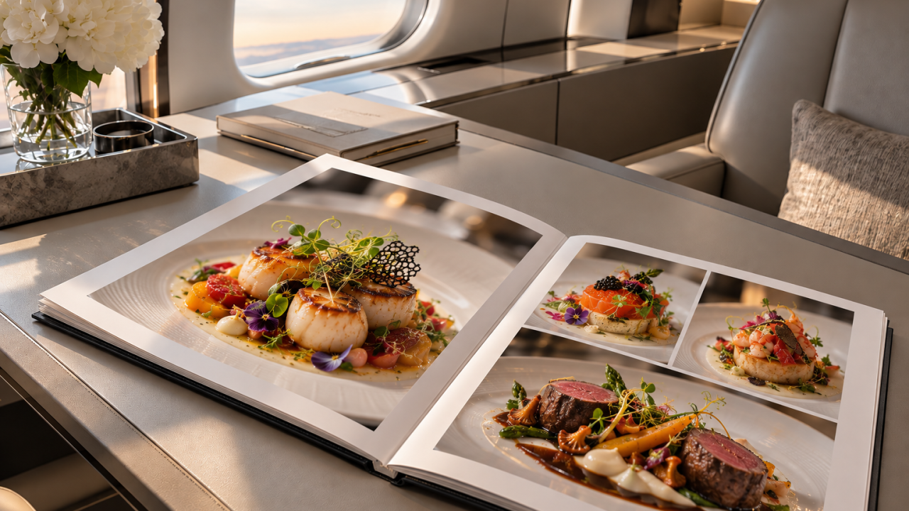 An open portfolio of plated dishes on a table inside a private jet cabin.