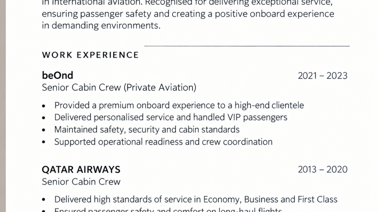 A CV excerpt showing "beOnd — Senior Cabin Crew (Private Aviation) 2021–2023" above "Qatar Airways — Senior Cabin Crew 2013–2020".
