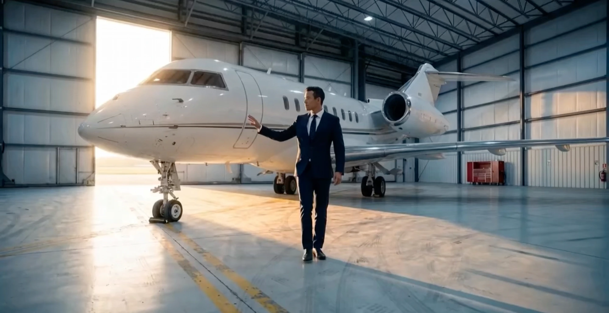 A corporate flight attendant walking past a Challenger business jet in a bright hangar.
