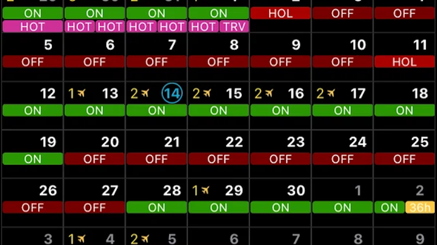 A private aviation roster calendar with ON, OFF, HOL, HOT and TRV days colour-coded.