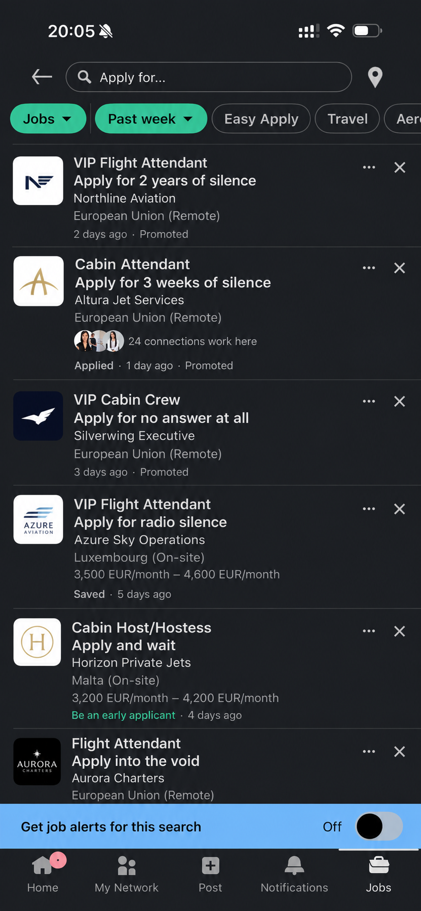 A satirical LinkedIn jobs feed listing "Apply for 2 years of silence", "Apply for radio silence", "Apply into the void" — the reality of private aviation recruitment.