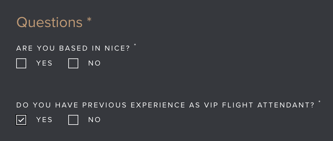 A recruitment questionnaire asking 'Are you based in Nice?' and 'Do you have previous experience as VIP flight attendant?' — the exact filter every candidate hits.