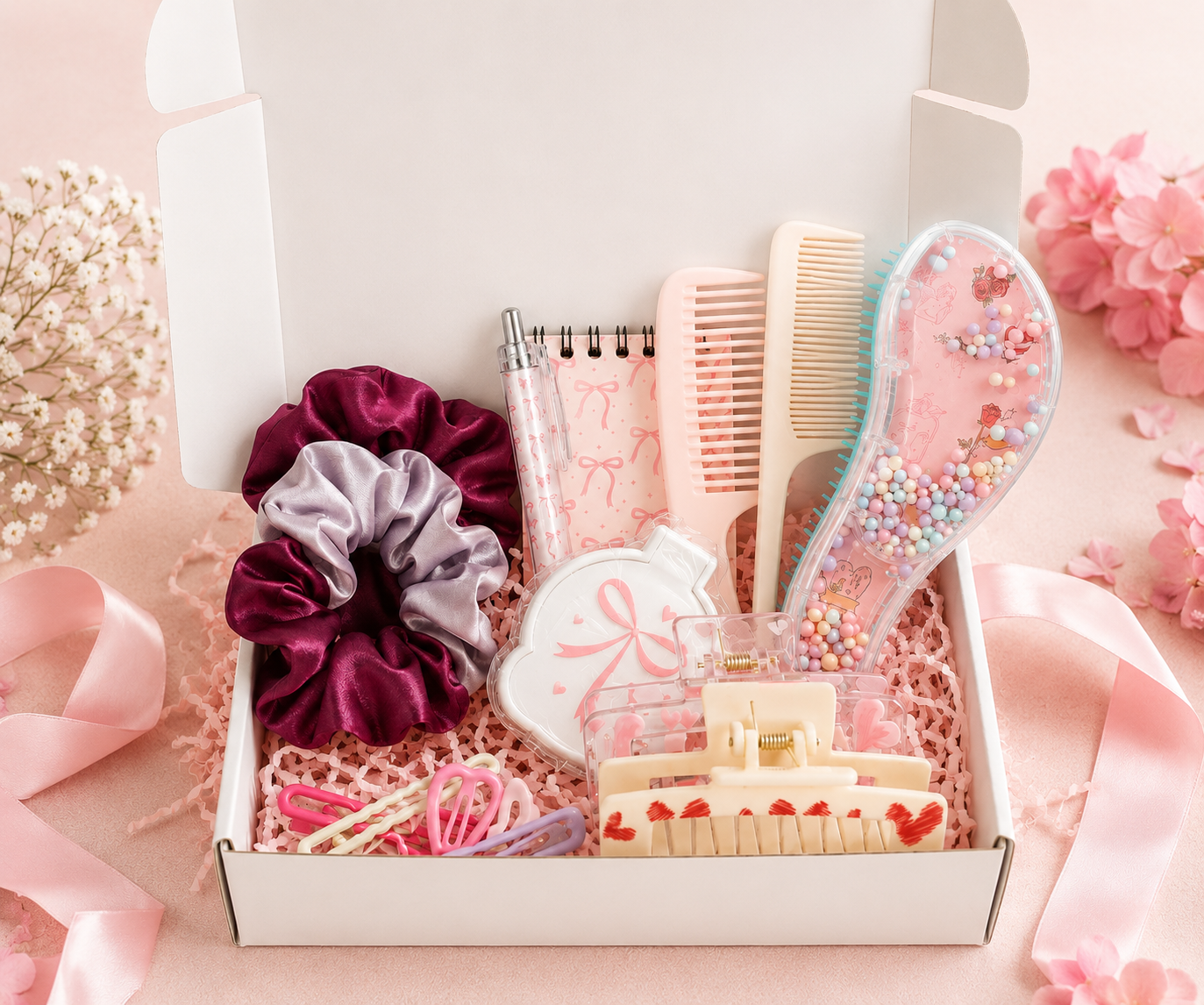 Me Amor Spring Glam Box featuring scrunchies, a hair bow, a mirror and a keepsake notebook