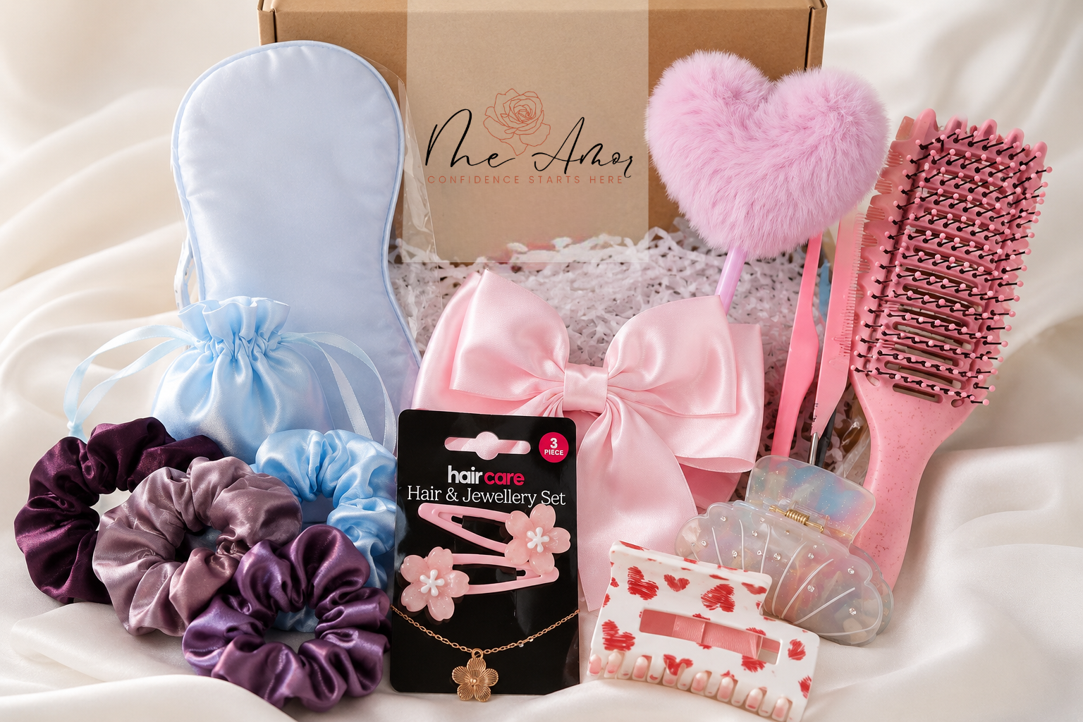 Me Amor Birthday & Spa Box — satin sleep mask, pink hair bow, detangler brush, scrunchies, claw clips, plush heart and jewellery set