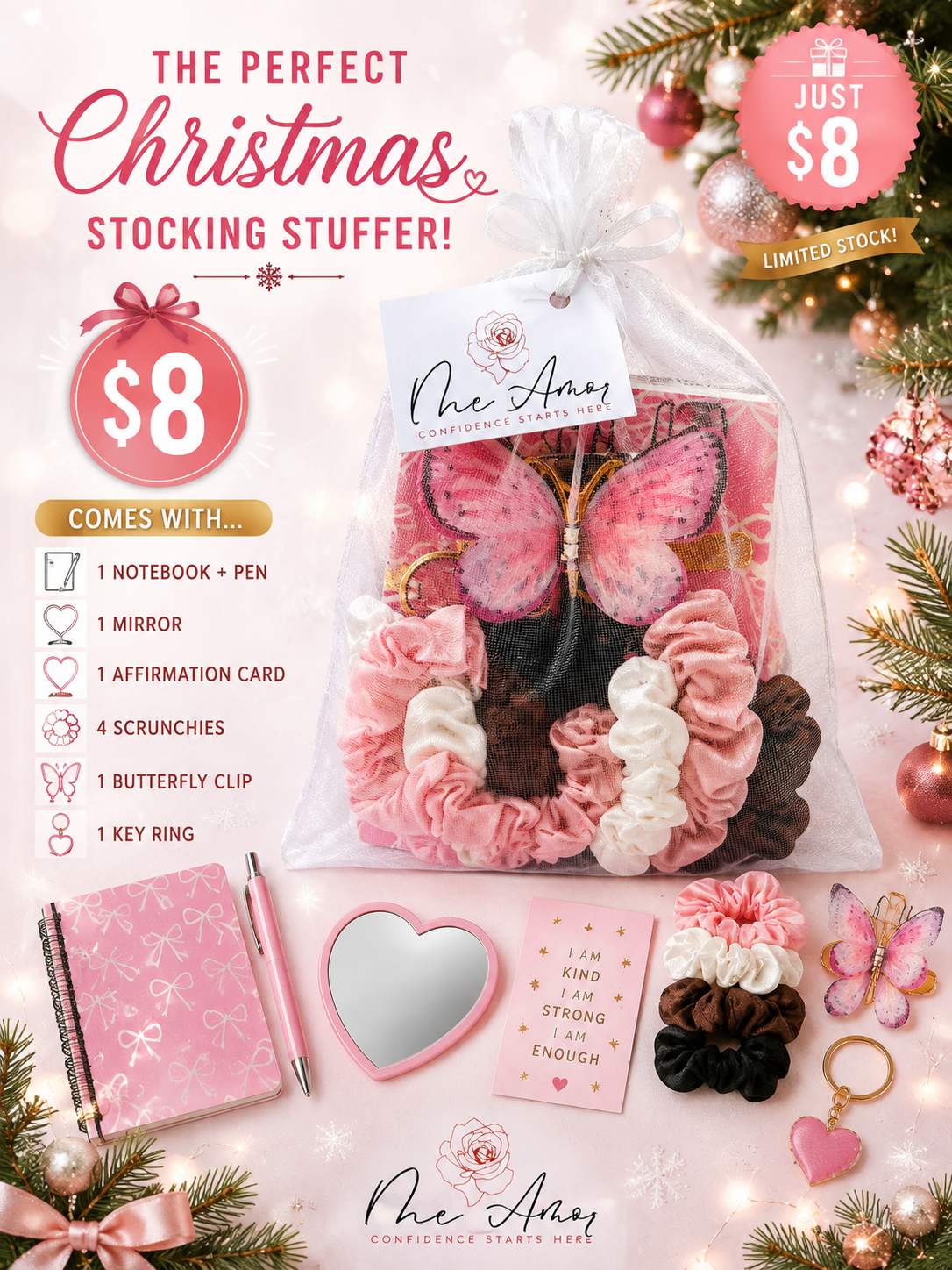 Me Amor Christmas Stocking Stuffer — matching notebook and pen, keyring, affirmation card, mini mirror and satin scrunchies