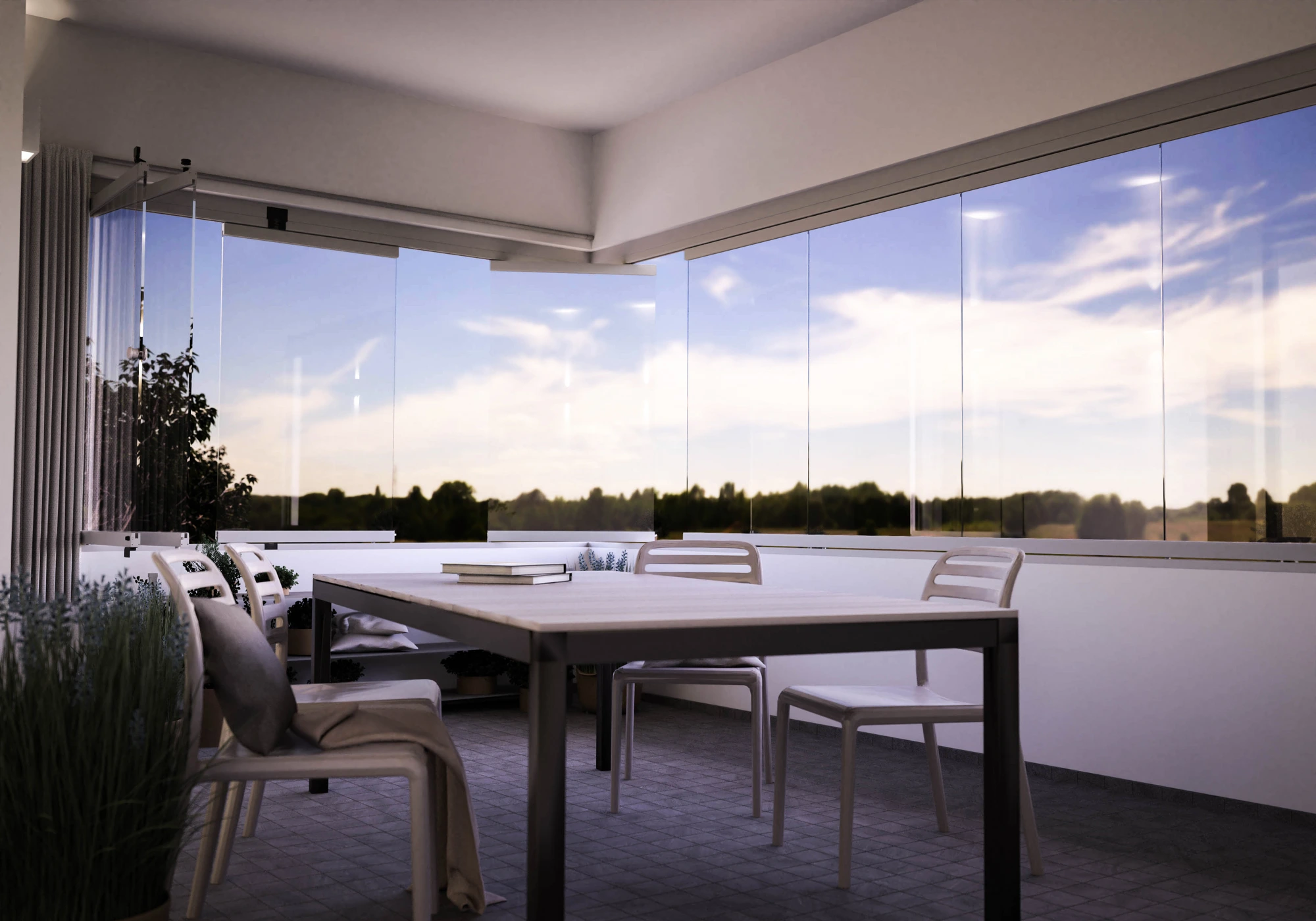Vetrata panoramica VEPA installata su un terrazzo con vista