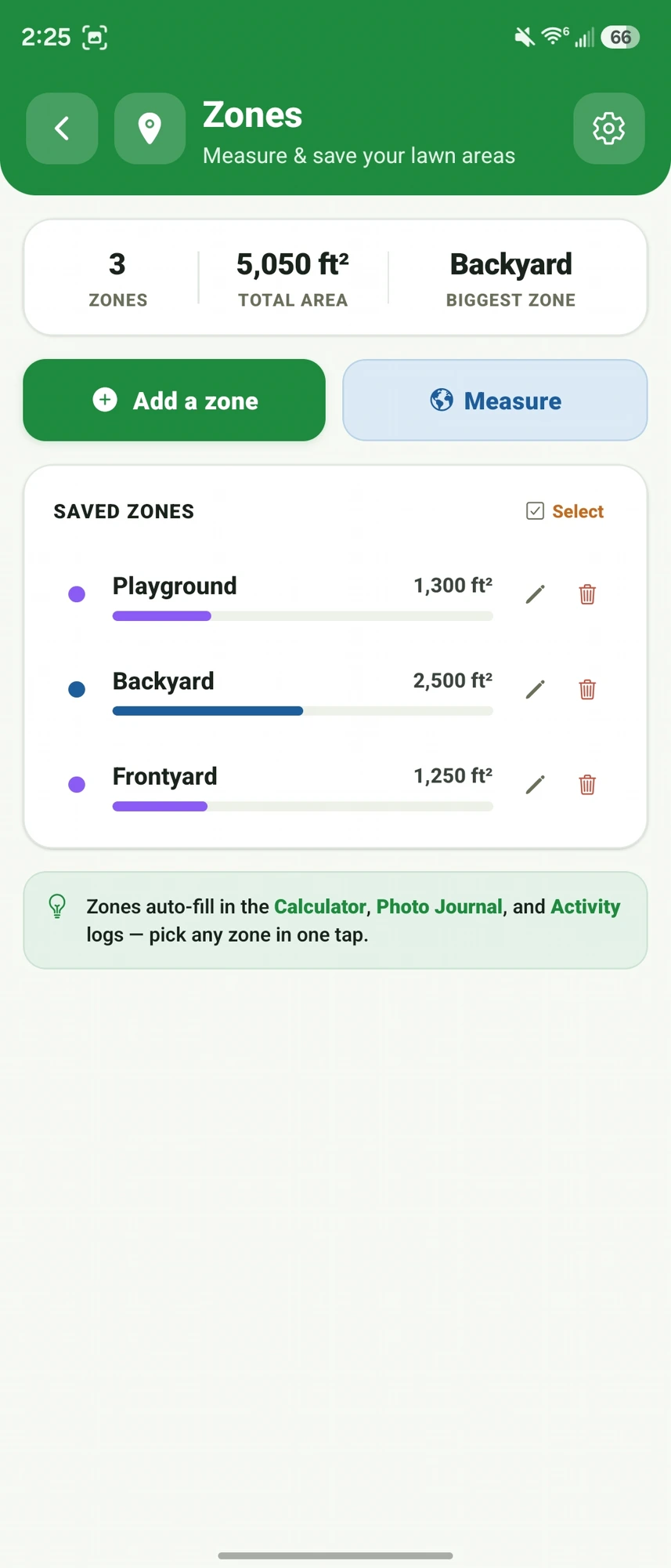 Zones screen