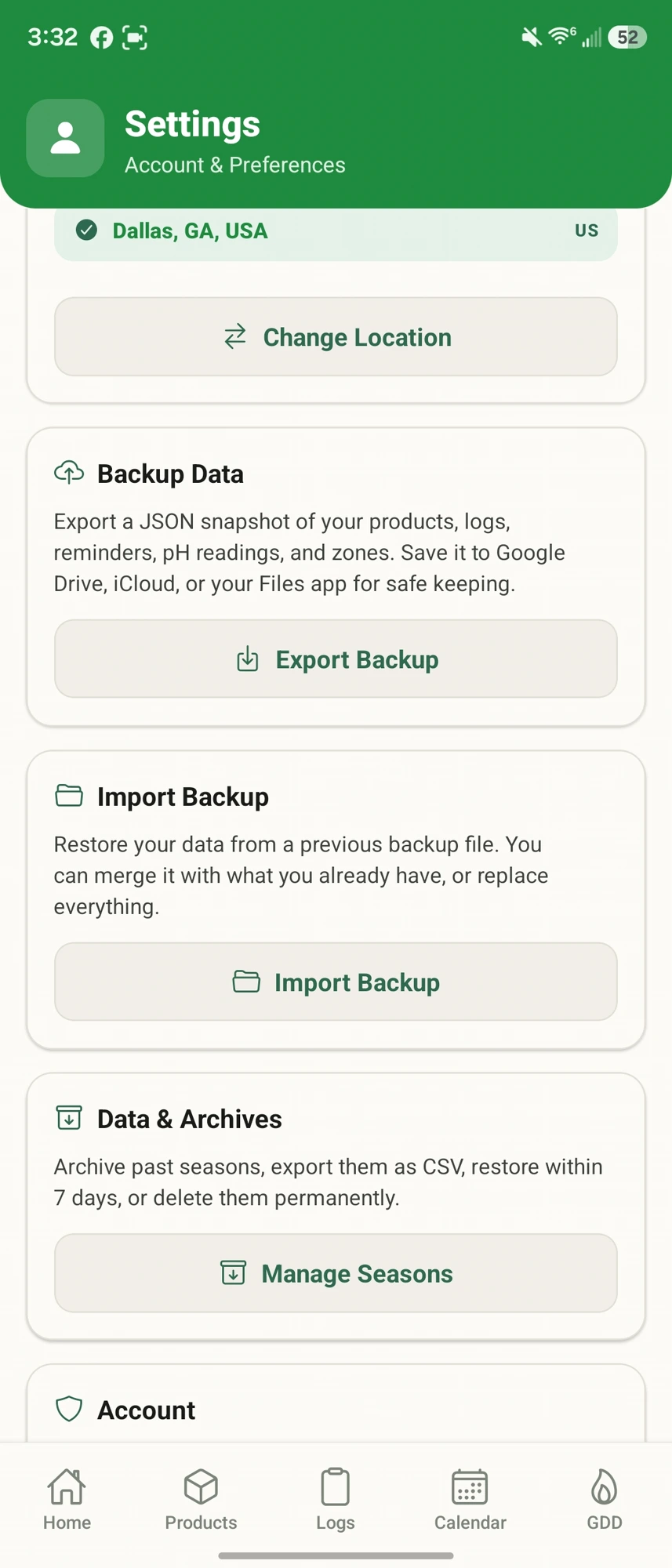 Backup & Import screen