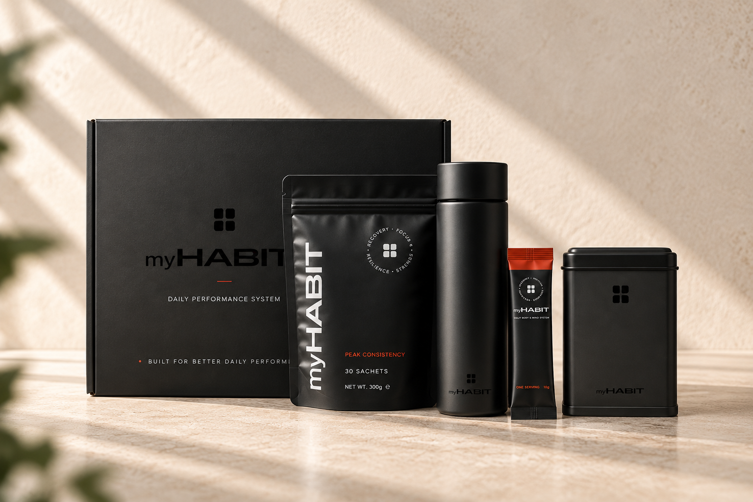 myHABIT presentation box, pouch, bottle, sachet and tin in warm morning light