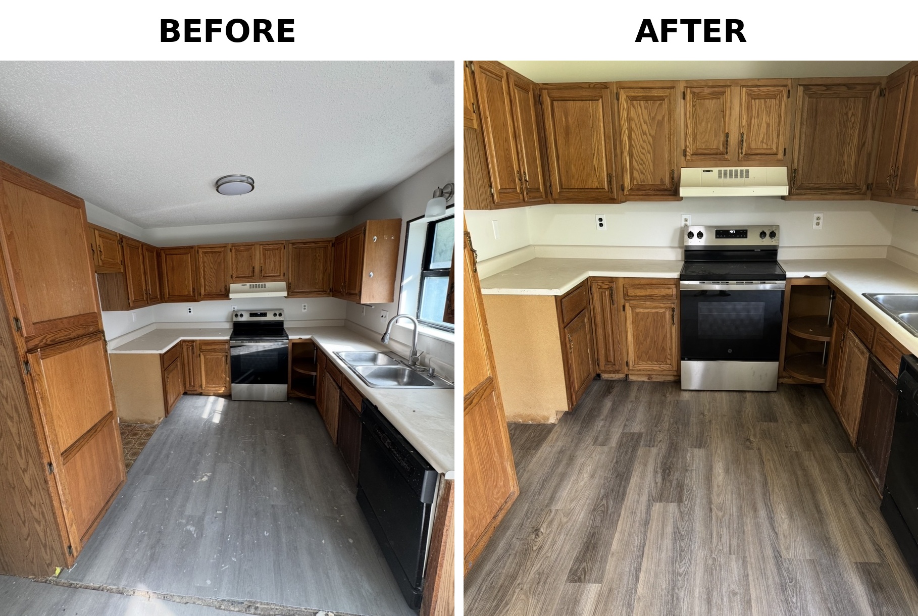 M&L Exterior and Interior Design — Kitchen Floor Transformation before and after