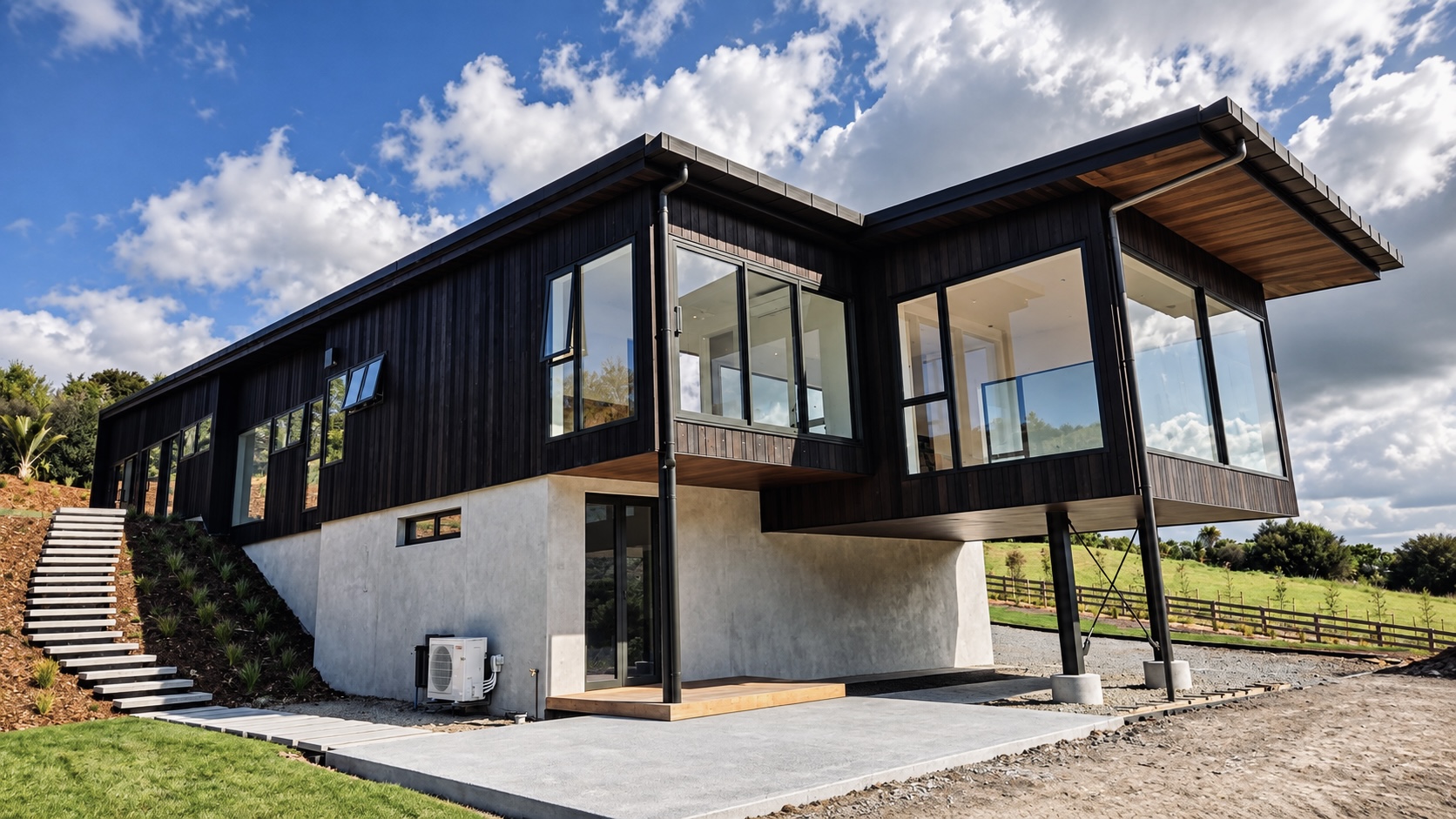 Progress — full exterior with cantilever