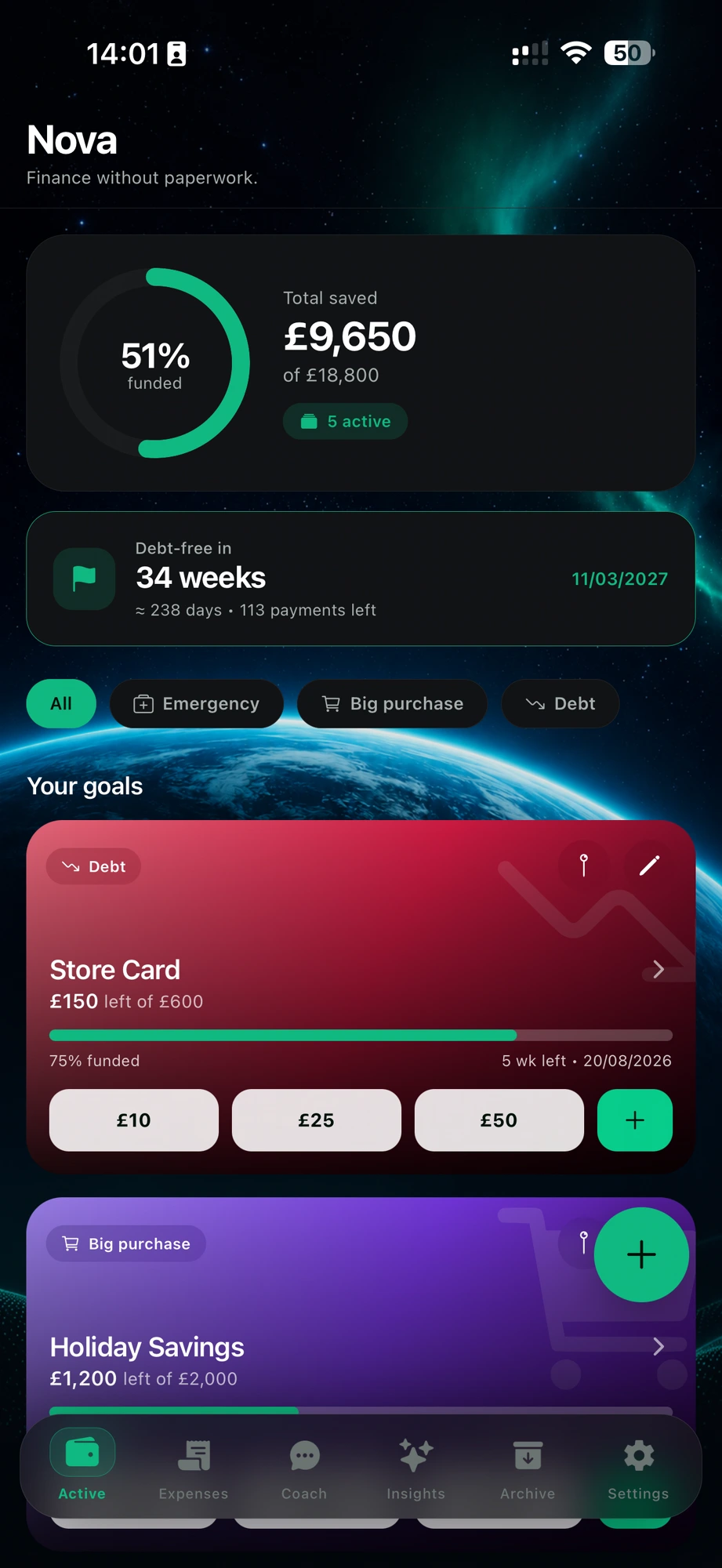 Nova app active dashboard showing goals and debt-free forecast