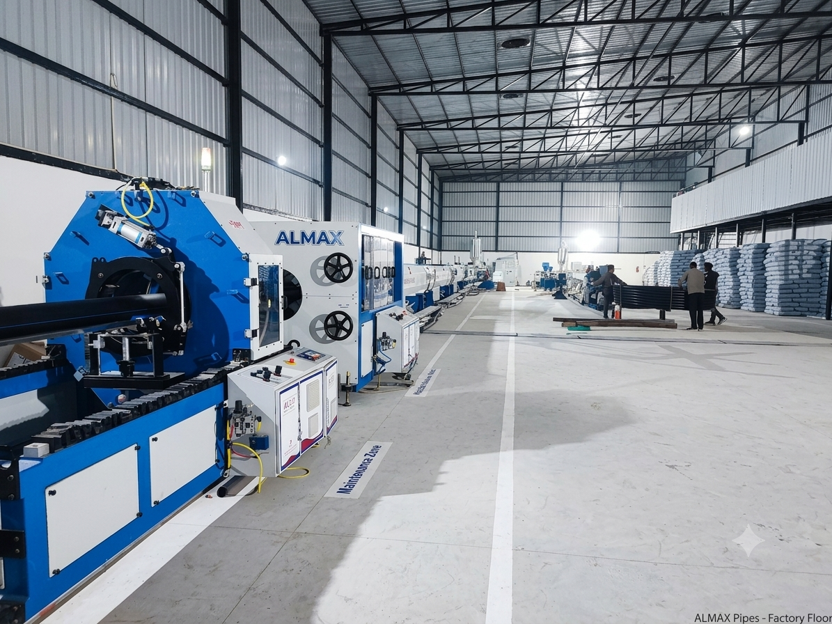 Almax factory floor with ALMAX-branded extrusion machinery