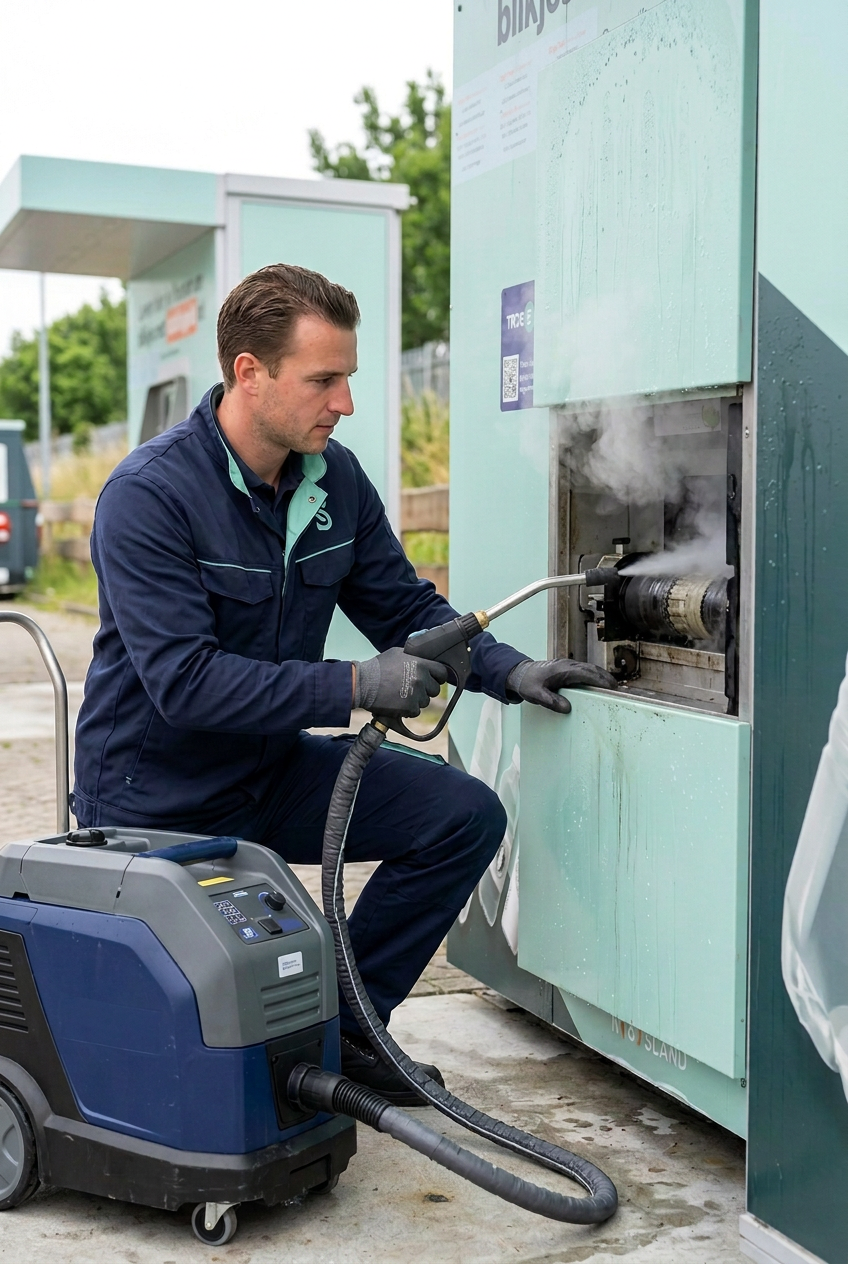 RVM ProClean monteur reinigt een statiegeldmachine met een stoomreiniger
