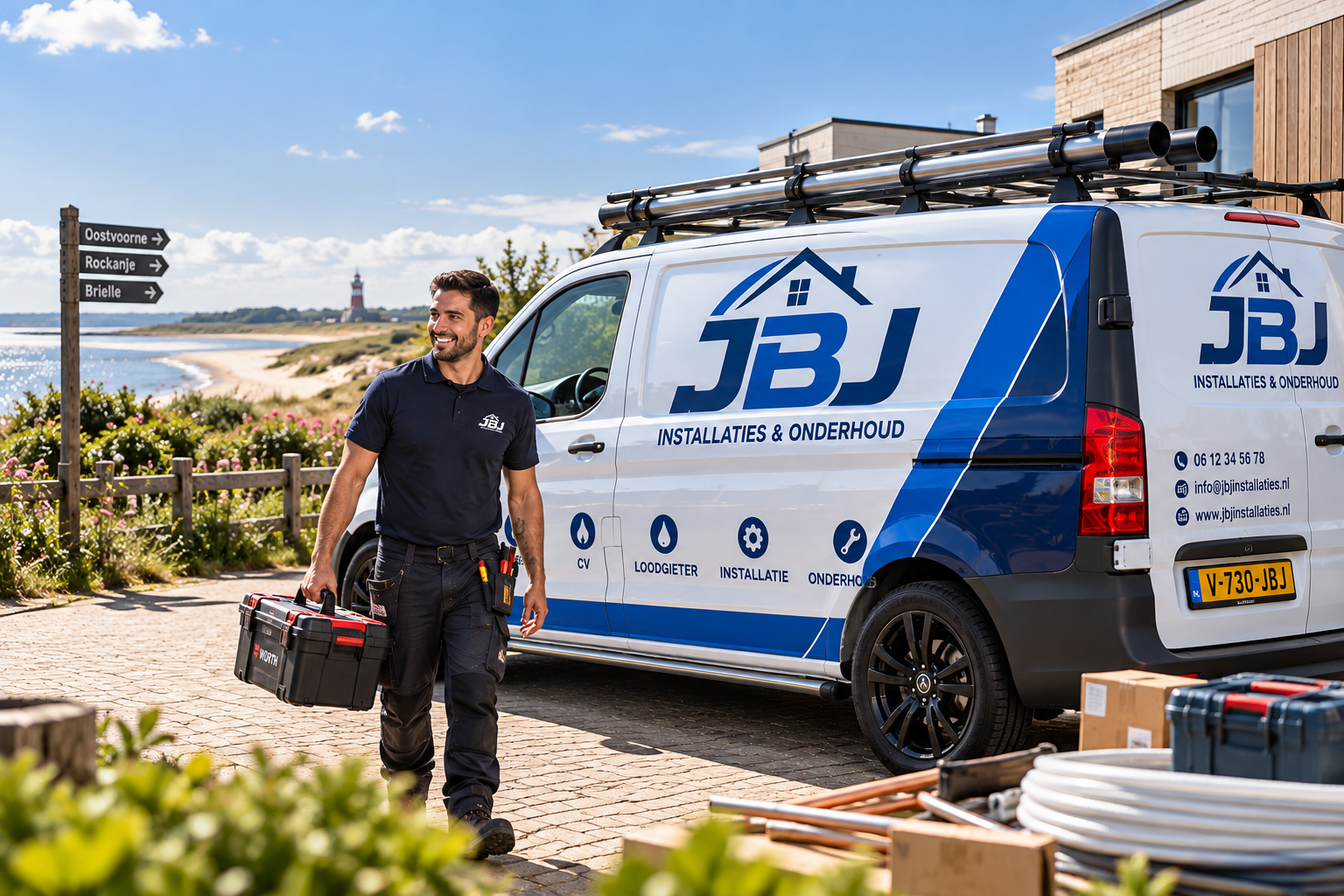 Monteur van JBJ Installaties & Onderhoud onderweg in de regio Voorne-Putten