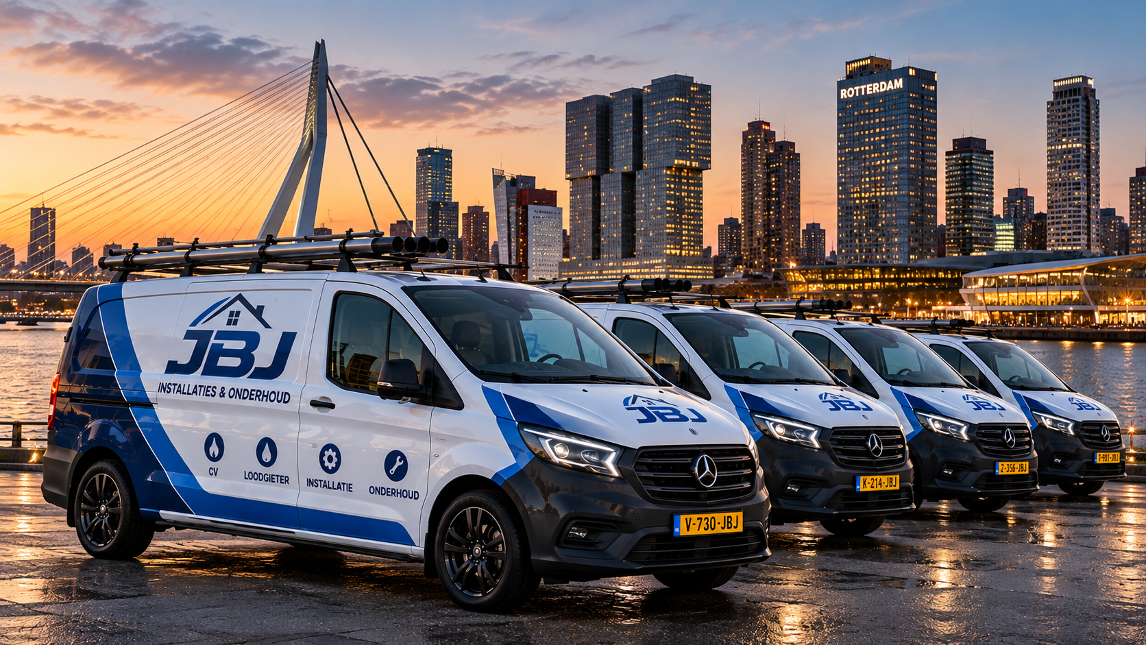 Het wagenpark van JBJ Installaties & Onderhoud voor de skyline van Rotterdam
