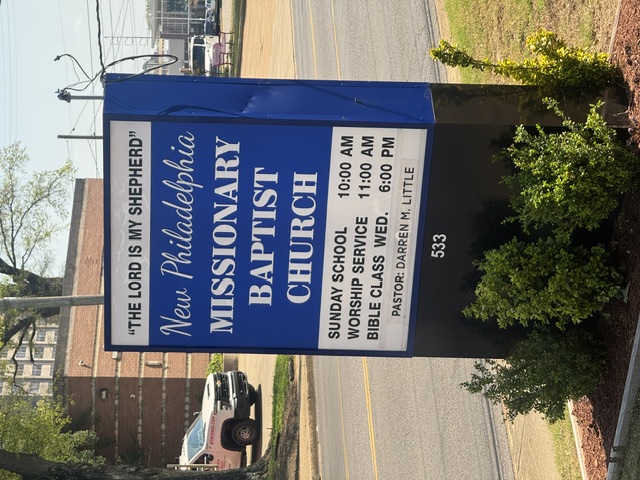 New Philadelphia Missionary Baptist Church street sign at 533 S. Mendenhall Rd