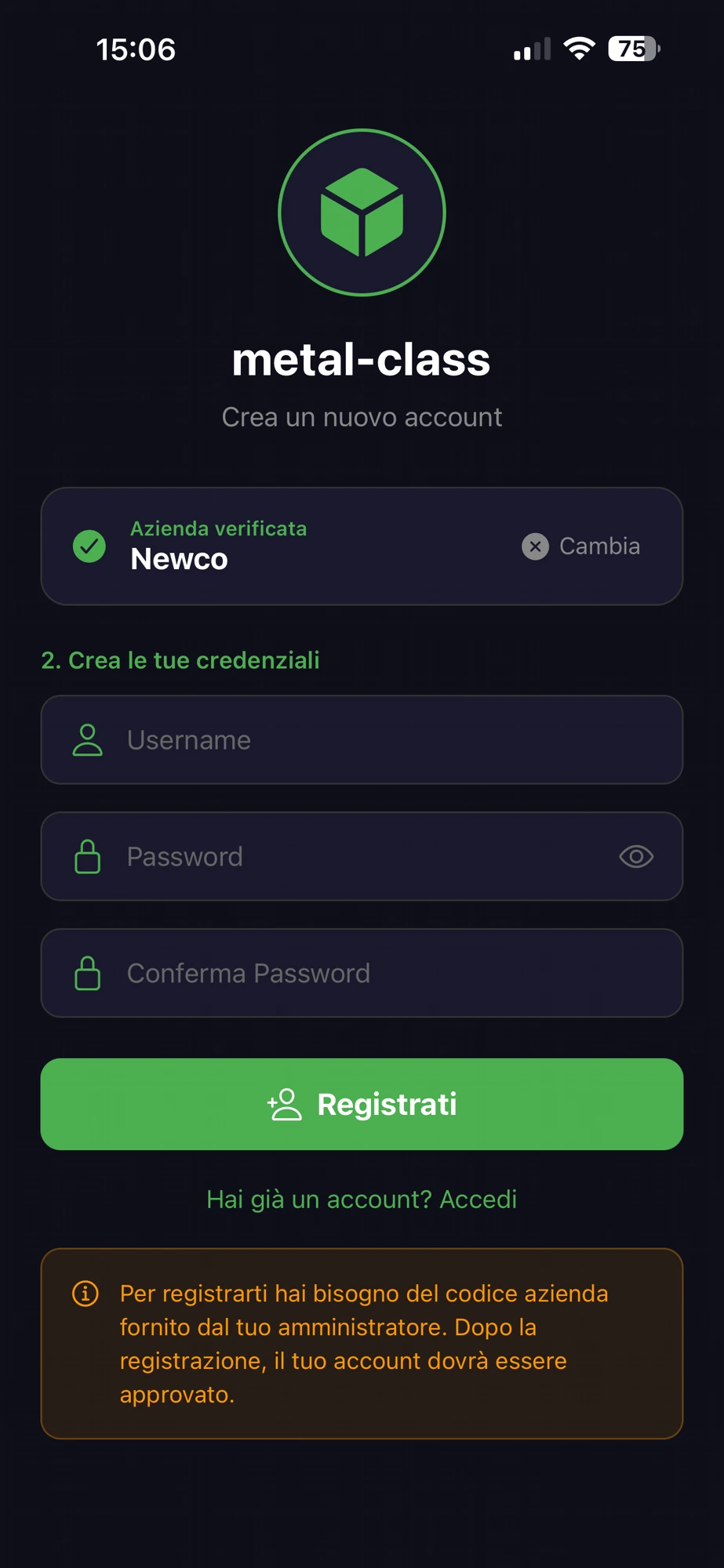 metal-class — schermata dell'app