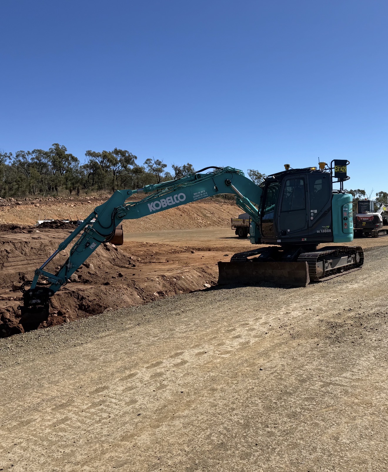 Trilogy Earthworks Kobelco excavator on a Central Queensland site