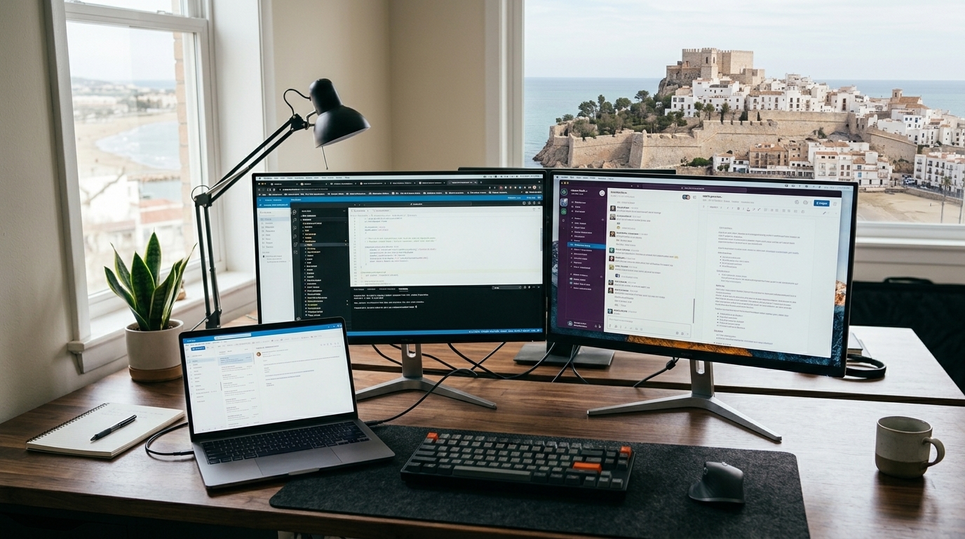 Remote work setup in a bright Mediterranean apartment near the beach